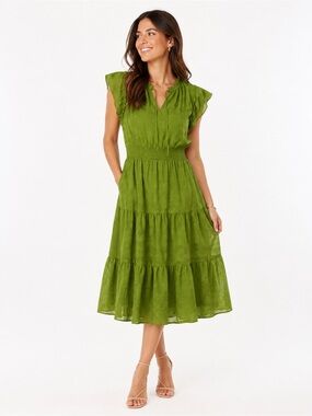 Haver London Moss Green Ruffle Midi Maxi Dress Boho Stretch Size L Cottagecore